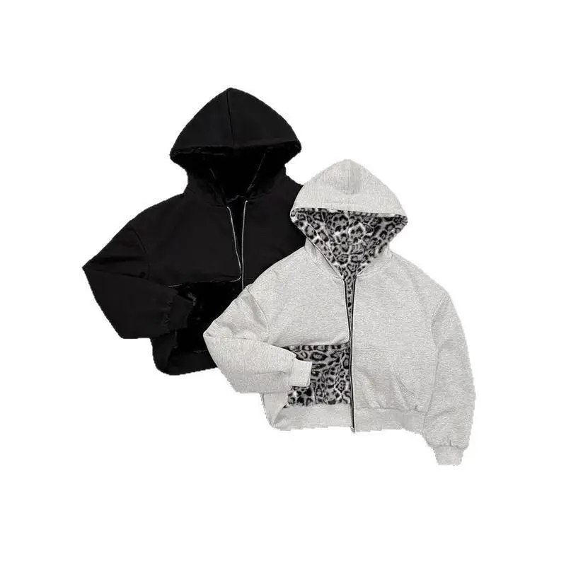 Men's Reversible Hooded Sweatshirt, Double Sided Leopard Print Zip-Up, Harajuku Streetwear in a Casual Loose Fit, Sizes to 2XL, Double Sided Hoodie, Zip Up Hoodie, Hoodie/Jumper
