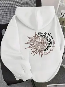 Women's Casual Fashion Loose Hoodie with Sun Moon Star Pattern, Fitted Letter Print Sweatshirt for Fall & Winter, Casual Fitted Pullover