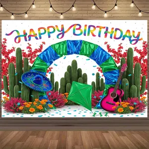 Mexican Fiesta Happy Birthday Backdrop | Colorful Theme Party Banner