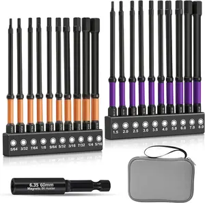 Allen Wrench Drill Bit Set with Extension Socket - 20 count 4" Long Hex Bits (Metric & SAE) with 1/4" Hex Shank, S2 Steelm, Heavy-Duty  CNC Machined Tips for Impact Drivers