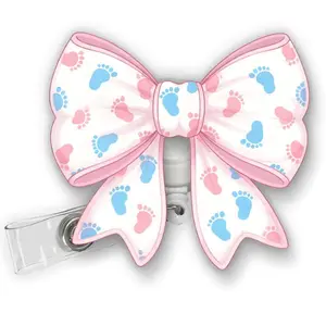 L&D Bow Welcoming Committee Badge Reel Labor Delivery Baby Retractable Acrylic ID Holder Clip 7CF