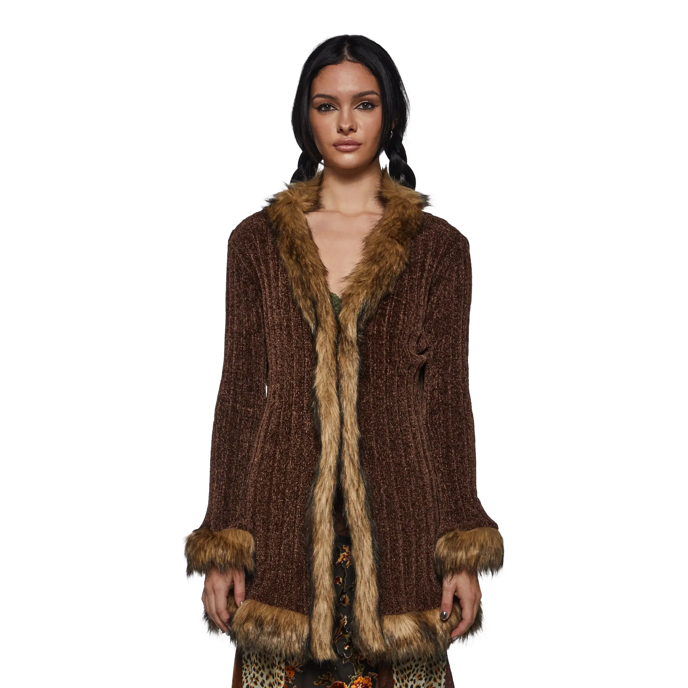 Furry Foe Long Cardigan-Brown Furry Foe Long Cardigan-Brown