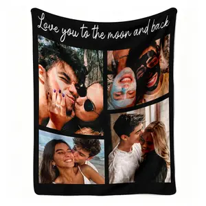 Custom Couple Photo Flannel Throw Blanket, Personalized Love You To The Moon Collage Pattern Soft Cozy Warm Nap Blanket for Couch Bedroom, Customized Romantic Gift for Partner, Valentine's Day Anniversary Christmas Birthday Present
