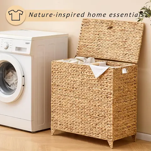 Handmade Woven Water Hyacinth Laundry Basket with Lid, Heightened Feet, Removable Liner Bag & Wicker Construction for Clothes Storage (229), Laundry Baskets