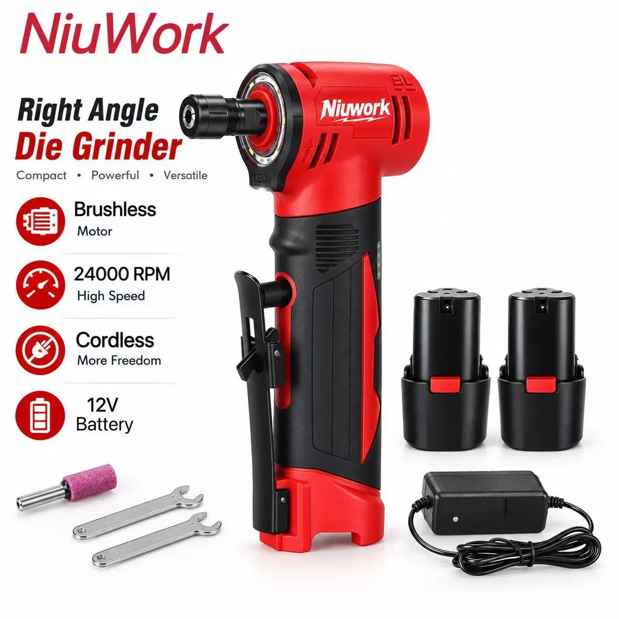 NiuWork 12V T-Shape 90° Angle Cordless Die Grinder, Brushless 4 Speed Grinder Kit with 2 Batteries, Charger, Wrenches & Grinding Bit for Deburring & Polishing