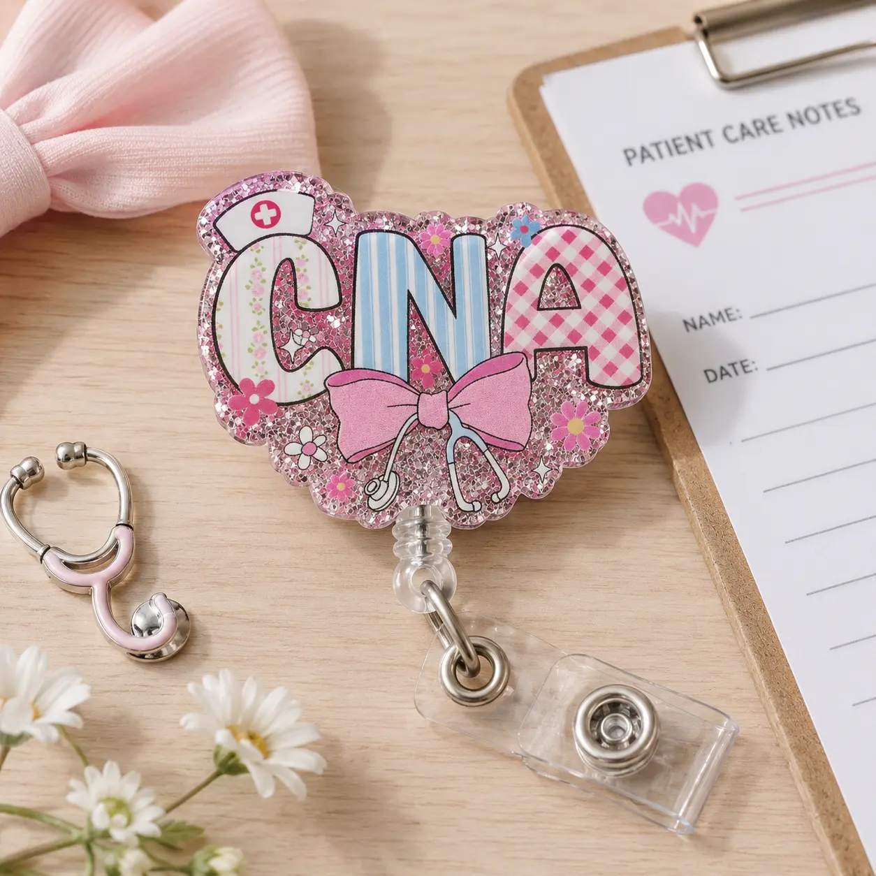 CNA Badge Reel, Pink Glitter Stethoscope Bow Acrylic Badge Holder, Retractable Clip for Nursing Assistant Caregiver