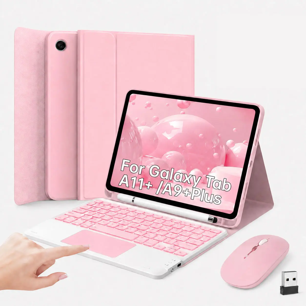 Pink 11-in Tablet Casing with Keyboard & Mouse, 7-Color Rainbow Backlight Detachable USB-C Keypad, Magnetic Cover with Pen Slot, Stylus Pen, Keyboard Protector Film for Samsung Galaxy Tab A11+/A9+ 2026/2023, Accessories with Holder & Protection