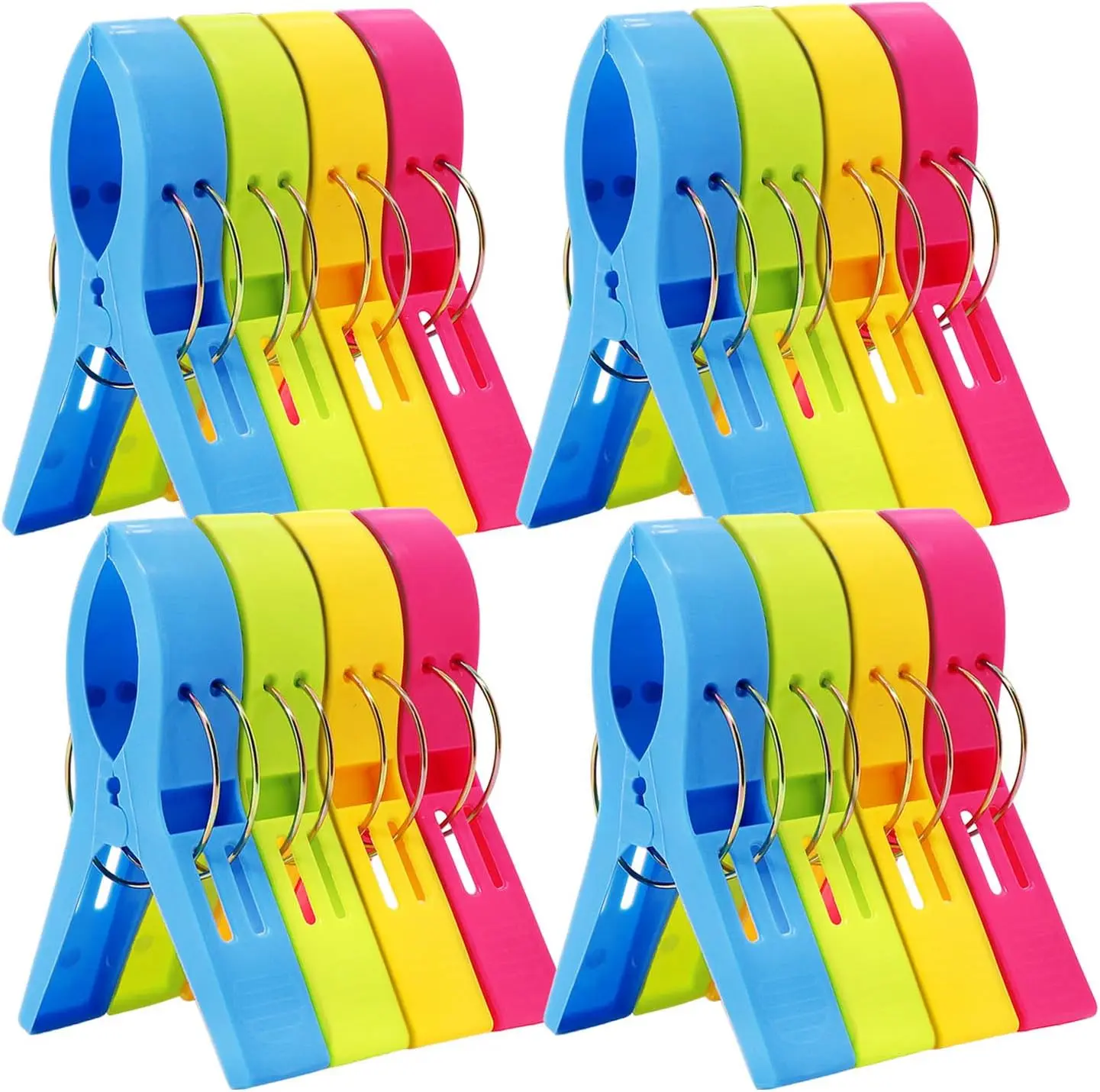 Colorful Plastic Clips with Metal Rings - 4 Sets of 5 Clips Each in Blue, Yellow, Pink, and Green for Organizing and Clamping