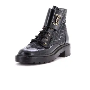 Pre-owned Chanel Women's Chain CC Cap Toe Lace Up Combat Boots Quilted Shiny Calfskin by Rebag