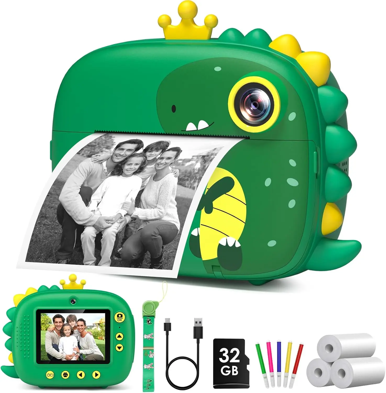 Camera Instant Print,Dinosaurs Instant Print Camera for ,Birthday Gifts for Boys,2.4-Inch/1080P with 32GB Card,Christams Birthday Gifts for Girls Boys  3-12