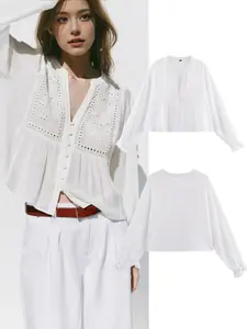 Stylish Women's Loose-Fitting Embroidered Long Sleeve Shirt, Hollow Design for Spring Fashion, Versatile Casual Wear for Street Style