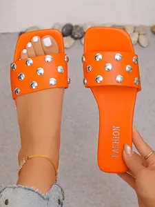 Women's Rivet Square Toe Sandals, Punk Style Flat Sole Slippers, Casual PU Material Summer Footwear, Outdoor Wear