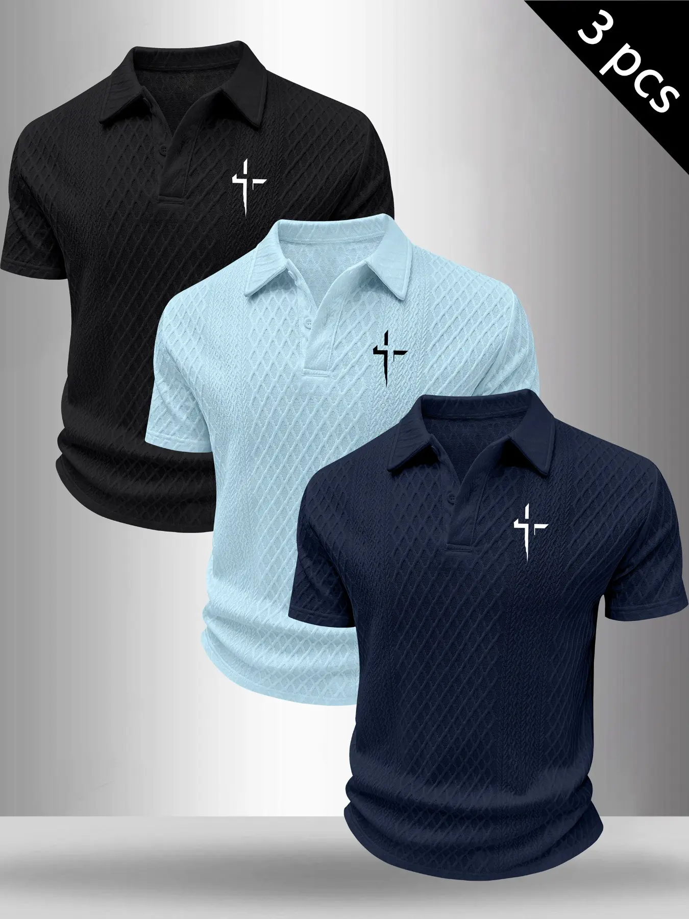 Men's 3-Pack Minimalist Cross Print Graphic Textured Printed Polo Shirts, Casual Diamond Pattern Knit Collared Tees, Breathable Summer Tops, Summer Wear, Menswear #3PackPoloShirts #CrossPrintPolo #DiamondPatternKnit #CasualMensTop #TikTokMadeMeBuyIt