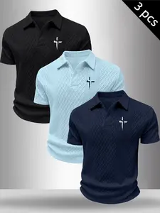 Men's 3-Pack Minimalist Cross Print Graphic Textured Polo Shirts, Casual Diamond Pattern Knit Collared Tees, Breathable Summer Tops #3PackPoloShirts #CrossPrintPolo #DiamondPatternKnit #CasualMensTop #TikTokMadeMeBuyIt