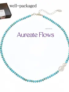 Natural Stone Blue Turquoise Handmade Beaded Necklace, Sapphire Gemstone, Copper Chain Material, Metal Coating, All Seasons Jewelry