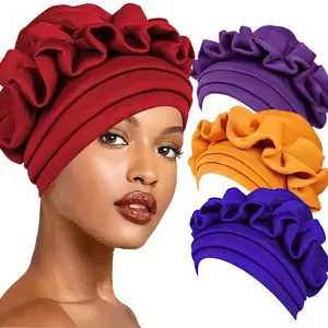 Women'S Elastic Turban Hat - African Style, Three-Layer Ruffled Design, Comfortable Polyester Headwrap for Casual Outfits, Machine Washable, Holiday Theme, Machine Washable Headwear | Vibrant Colors | Comfortable Fit