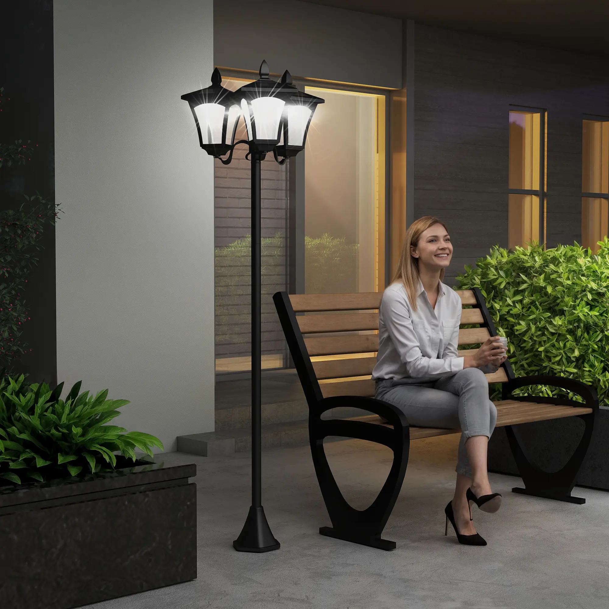 Outdoor Lamp Post Lights, Triple Head Solar Powered Lamp, Street Vintage Solar Post Lamp, for Backyard, Garden Pathway, Driveway, 72 Inches