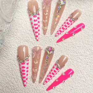 Extra Long Fake Nail Tips, 10pcs/set Iridescent Glitter Sparkly Bling Rhinestone Decoration Press on Nails with Nail File & Tape, Diy Nail Art Kit for Women & Girls
