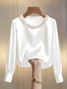 Spring Summer Women's High-End Pearl Round Neck Satin Blouse, Elegant Silk Shirt Top, Stylish Ladies' Clothing for Casual Wear