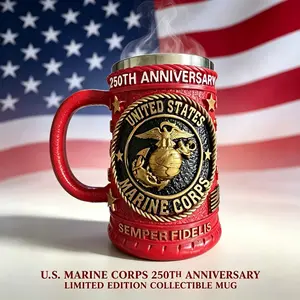 Marine Corps 250th Anniversary Mug USMC 3D EGA Stainless Steel Tankard Veteran Gift for Dad Husband Military Collectible