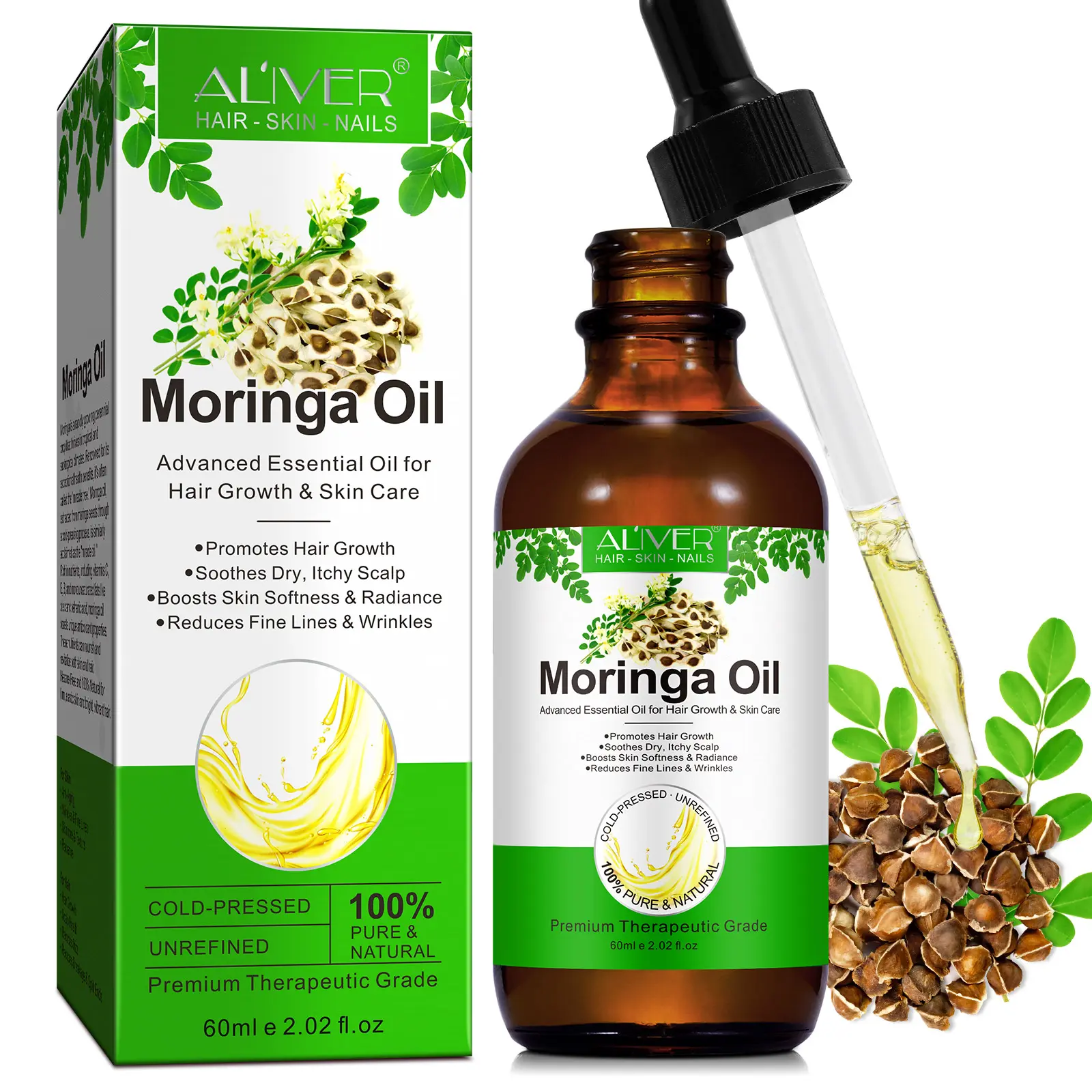 Aliver Moringa Seed Oil 60ML Bottle, Cold Pressed, Soothes Dry & Itchy Scalp, Premium Hair Care Essential Oil, Hair Growth Oils, Liquid Form