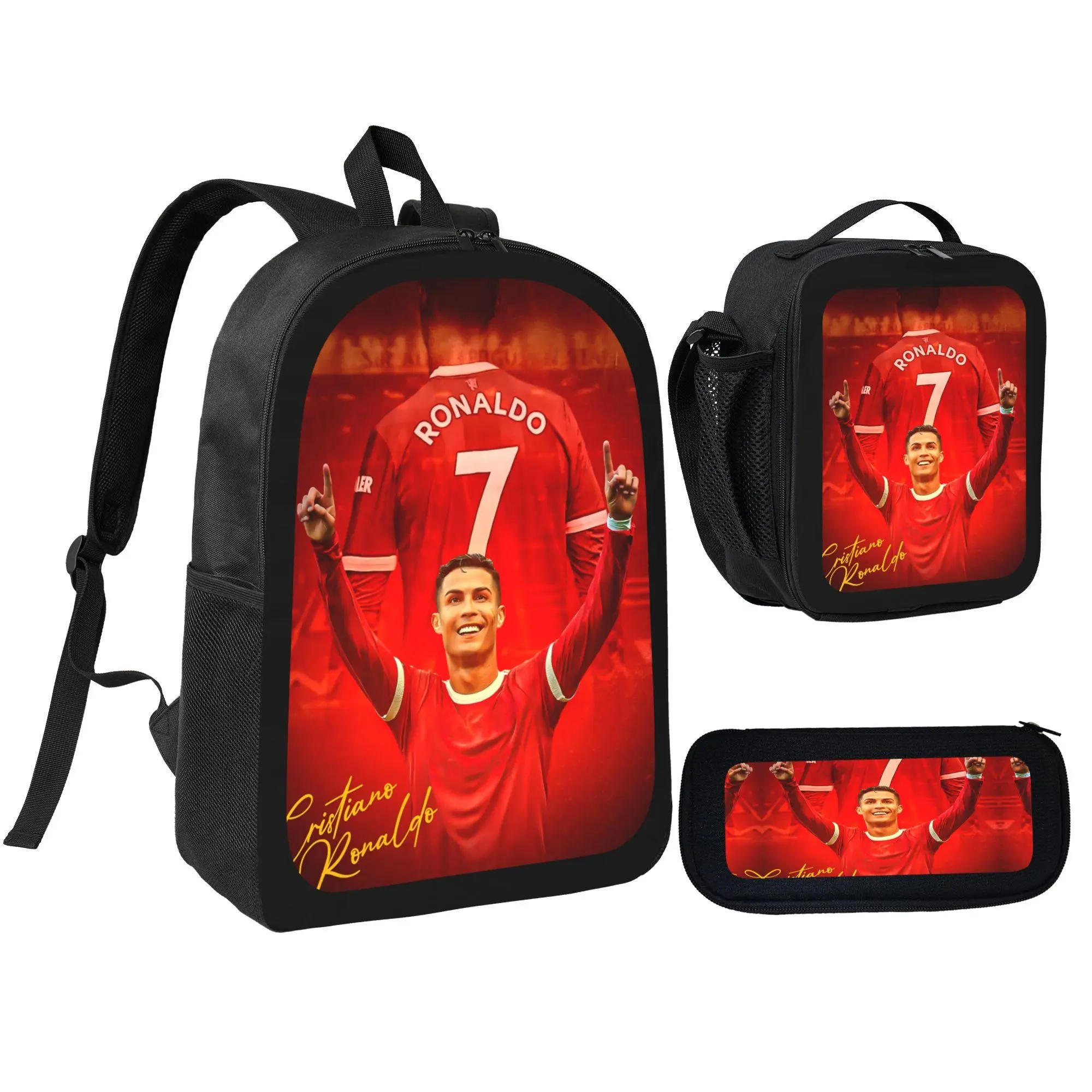 3Pcs Backpack Set Cristiano Ronaldo Number 7 Red Jersey Player Print With Lunch Bag Pencil Pouch School Bag For Boys Kids Students Sports Fans