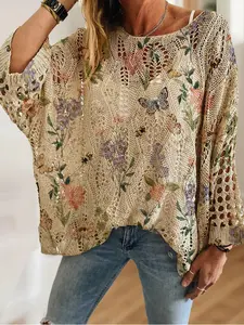 Women's Boho Floral Butterfly Print Long Batwing Sleeve Knit Hollow Out Top, Casual Elegant Vacation Style Knitwear Sweater, Comfortable Breathable Loose Fit