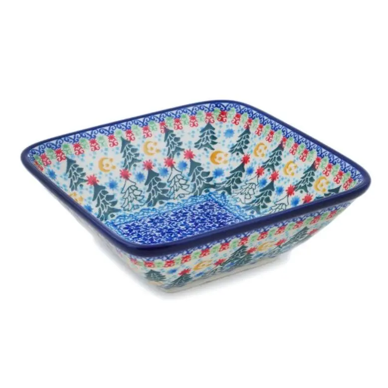 Ceramika Artystyczna Polish Pottery, Unikat U4, Glowing Christmas Trees, Square Bowl
