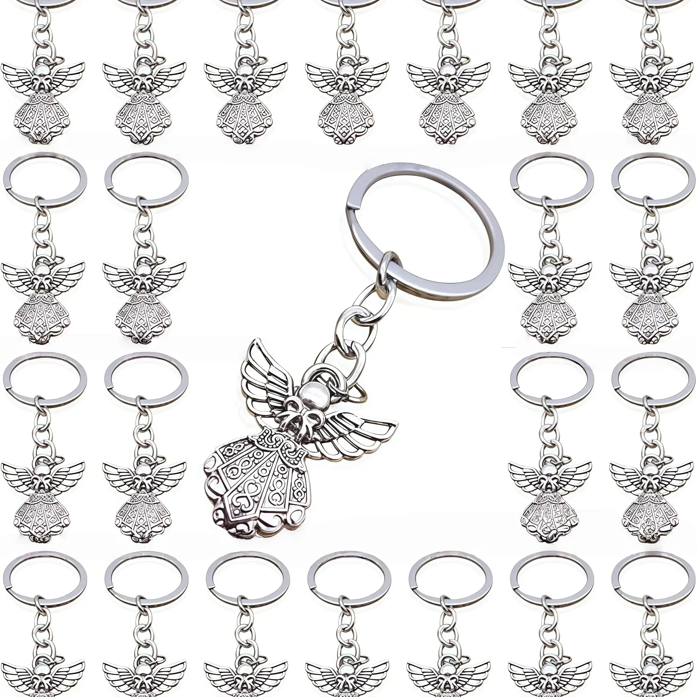 50 Silver Color Guardian Angel Charm Keychains, Keychain Set, Key Charms, Perfect Gift Souvenirs for Birthdays, Weddings, Baptisms, Funerals, Parties, Etc
