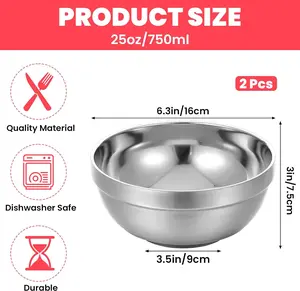25 oz (about 708.7 g) stainless steel bowl double-layer insulated soup ice cream metal nested bowl double-walled metal tableware, suitable for holding soup, muesli, rice, noodles, salad Bowls Bowls Tableware