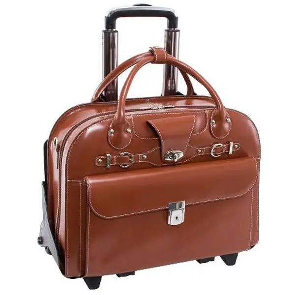 McKleinUSA Roseville Women's Top Grain Leather Rolling Business Briefcase for 15.6" Laptops, Multi-Compartment, Checkpoint Friendly with Key Lock & Smart Strap, Brown, Use Lexol-Ph, Removable Wheels, Zipper Pockets
