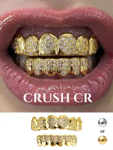 CRUSH CR Sparkly Heart Grillz for Women, Gold/Silver Plated Full Set Teeth Caps with CZ Stones, Cute & Edgy Dental Jewelry, Perfect for TikTok OOTDs, Night Outs & Baddie Streetwear Looks
