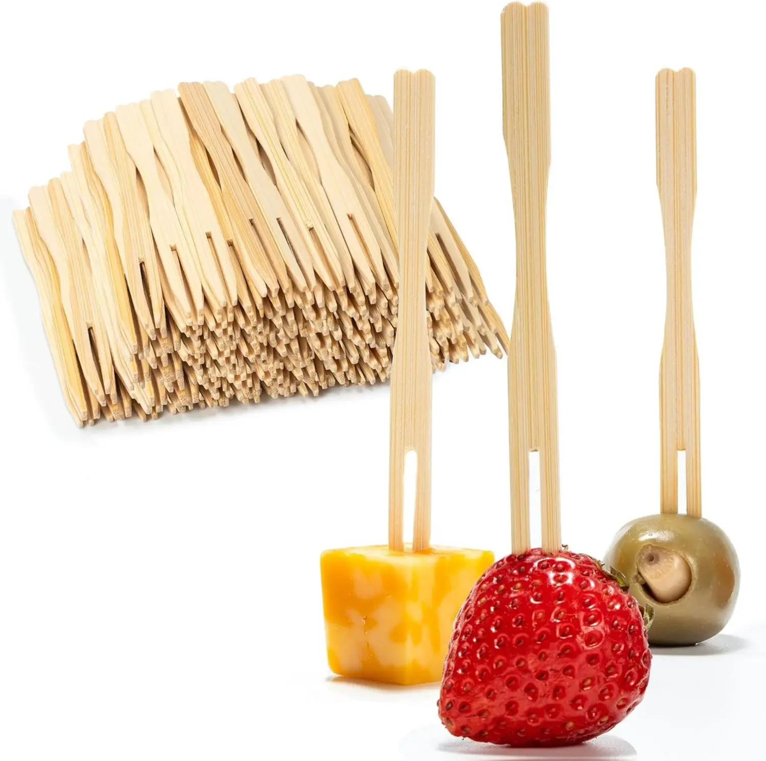 3.5"l Disposable Bamboo Appetizer Forks, 200-Pack Natural Wood Degradable Eco-Friendly Food-Safe Mini Forks for Fruit, Wedding Supplies, Kitchen Containers