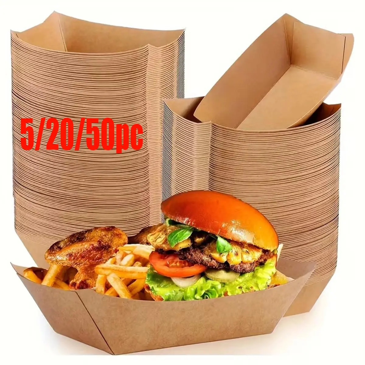 5/20/50pc Cowhide Paper Food Trays, Party Tray, Thick Boat Shape Containers, Waterproof Oilproof, Ideal for Chips, BBQ, Desserts, Parties, Party Supplies, Disposable Tableware