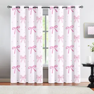 Soft Pink Coquette Bow Curtains for Living Room,Cute Polka Dot Window Curtains,Aesthetic Balletcore Shower Curtain,Preppy Girly Bedroom & Dorm Decor,Pink Ribbon Bow Design for Teen Girls