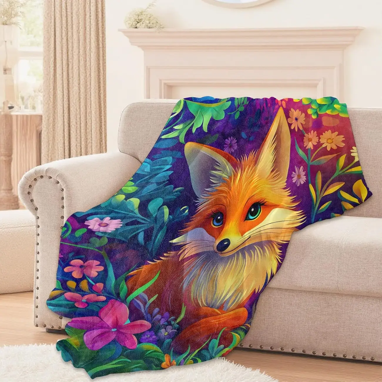Cute Cartoon Fox Blanket, Lightweight Comfy Fantasy Fox & Glowing Flowers Blankets for Couch Sofa Bedroom, Soft Plush Travel Flannel Throw Blanket Gifts for Adults Kids Women It is an excellent gift for children, family and friends