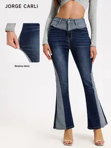 JORGE CARLI Women's Colorblock High Stretch Bell Bottom Jeans, Fashion Casual Denim, Comfortable and Stylish, Perfect for Everyday Wear