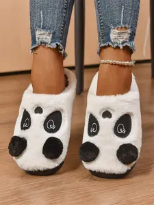 Cute Panda Plush Slippers, Lightweight Soft Fur Upper, 3D Stereo Panda Ears, Thick Fleece Lining, Anti-Slip Sole, Winter Home Wear
