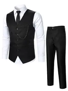 Men's Vest and Pants Set, Elegant Matching, Stylish Metal Chain Accessories, Business and Formal Wear, Custom Fit, Comfortable and Fashionable