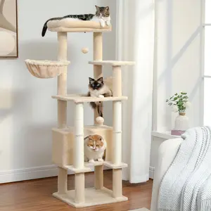 Multi-tier cat tower for large cats with sisal scratching post, litter box, hammock and wide-roofed perch for indoor cats