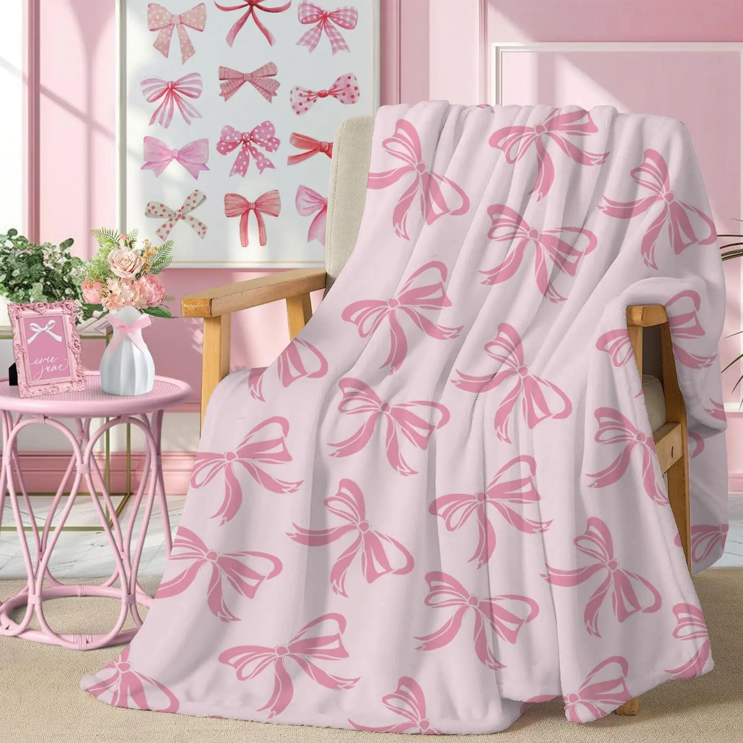 Pink Bow Throw Blanket, Coquette Girly Blanket Gifts for Kids Women Teens, Soft Flannel Lightweight Blanket, Cute Pink Bow Bedding for Spring Preppy Decorations, 50 x 60 Inch