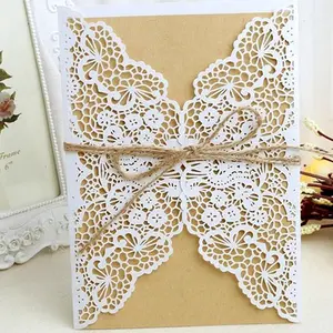 5sets, Laser hollowed out invitation letter, holiday greeting card, gold lace wedding invitation card, including kraft paper and hemp rope.