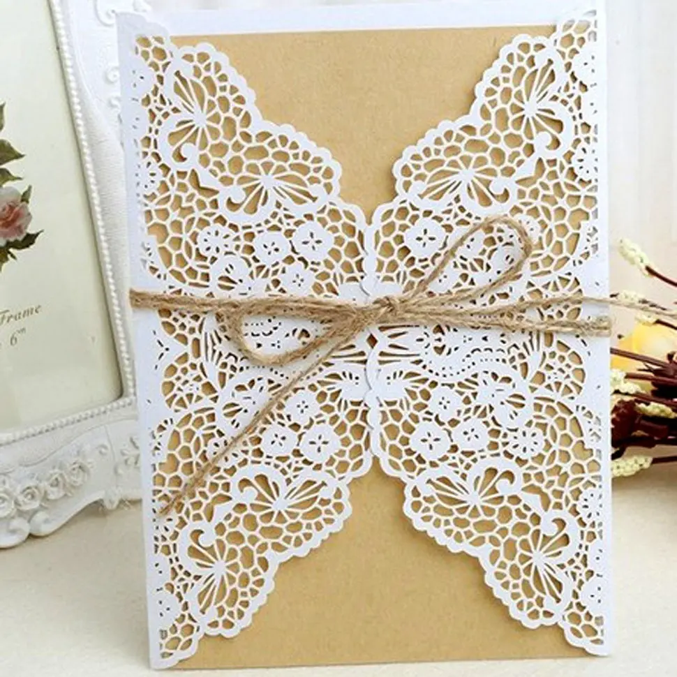 5sets, Laser hollowed out invitation letter, holiday greeting card, gold lace wedding invitation card, including kraft paper and hemp rope.