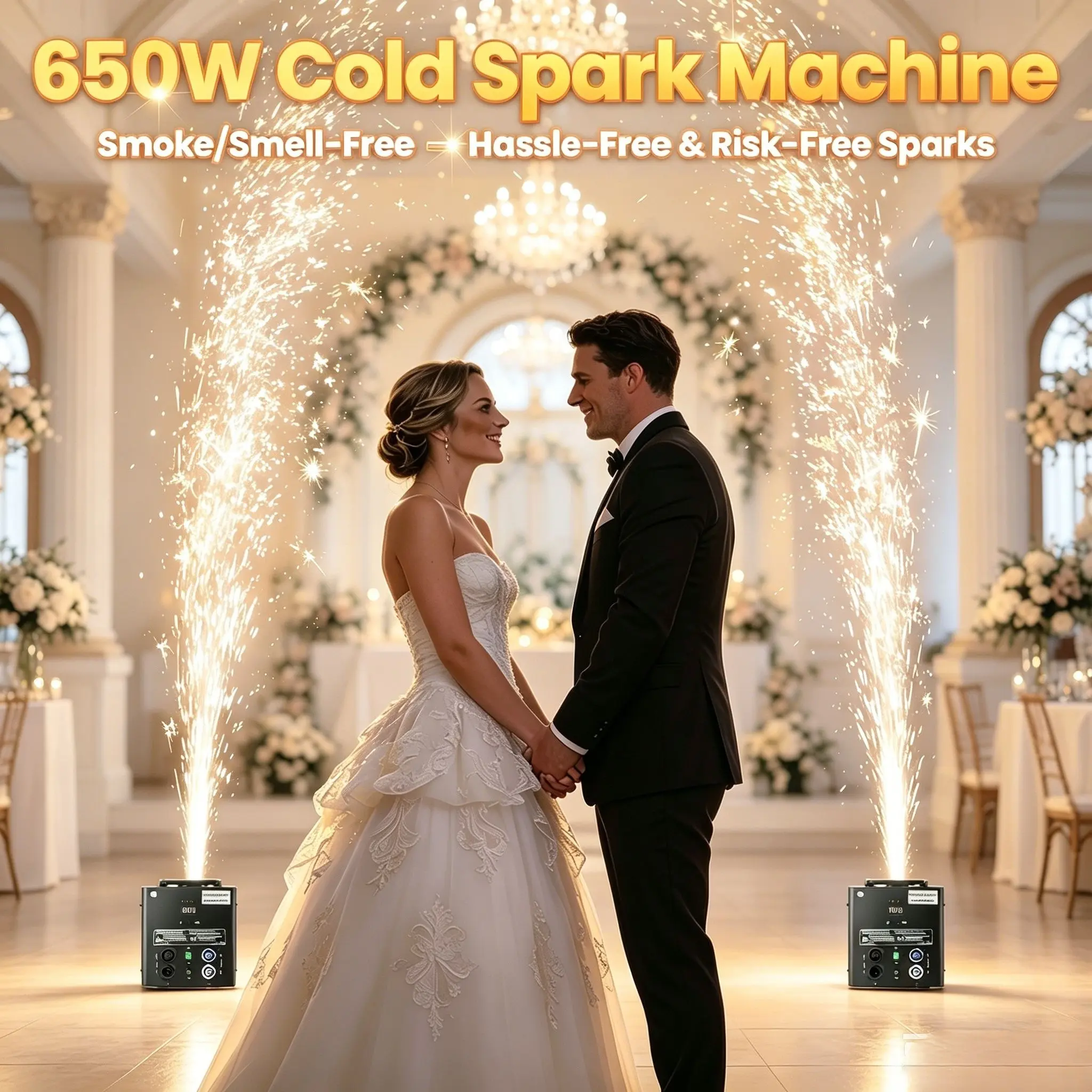 2PCS Magical Aluminium 650W Cold Spark Machine with 6×200g Powders, 3-5m Adjustable Spark Height, Wireless DMX & Remote Control, Modern & Adjustable Party Supplies for Wedding DJ Events, Modern Party Supplies