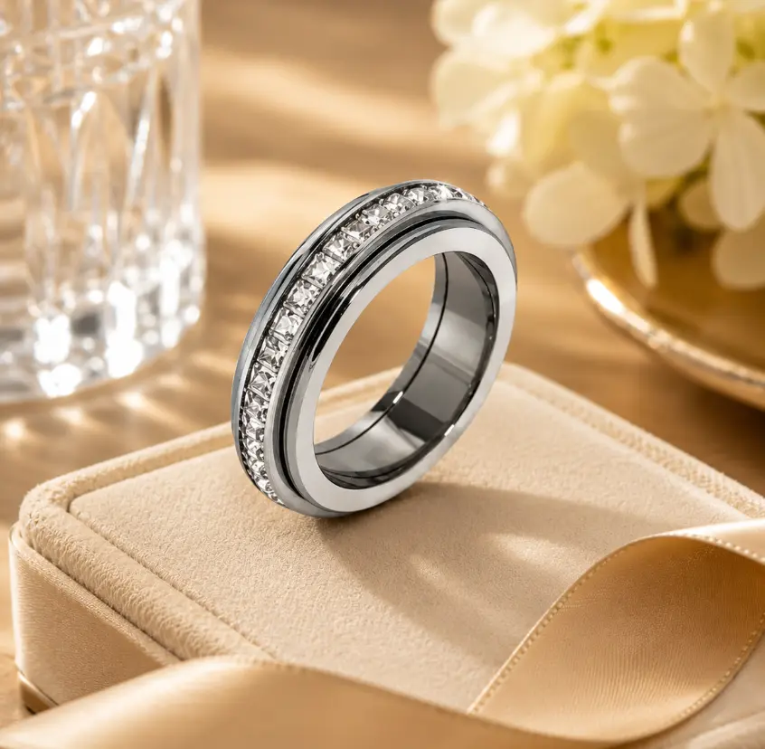 Spinner Fidget Ring Titanium Steel Anxiety Ring Rotating Band Stress Relief Ring Cubic Zirconia Comfort Fit Ring Womens Mens Promise Ring Wedding Band Everyday Jewelry Viral Finds Must Have Gift for Her Gift for Him Sizes Five To Twelve sets