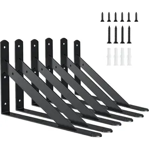 10 Inch Shelf Brackets, 6 Pack Heavy Duty L Brackets for Shelves, 90 Degree Triangle Metal Supports for DIY Floating Shelf with Screws ( Black)