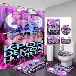 4-Piece Modern Bathroom Curtain Set, Colorful Background Shower Curtains, Bathroom Decor, Includes 12 Hooks, Non-Slip Toilet Mat & U-Shaped Seat Cover