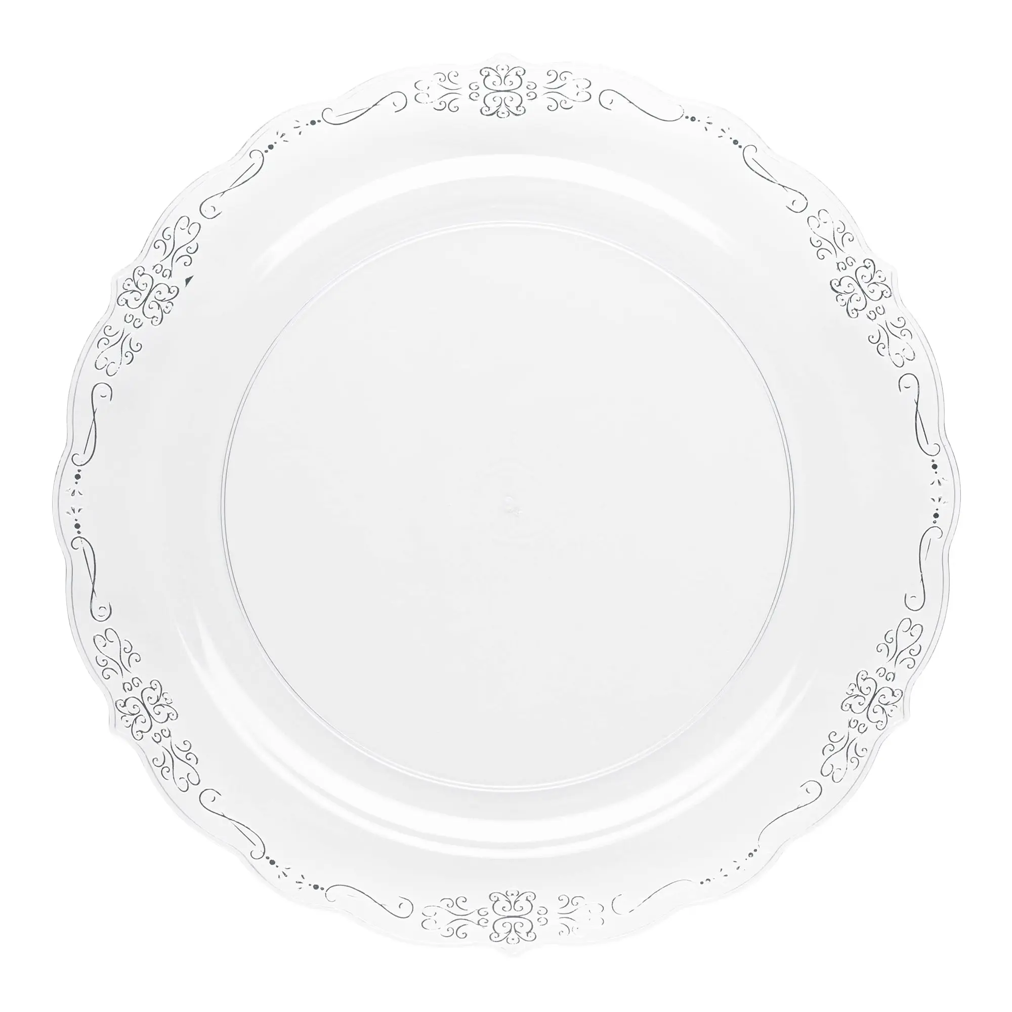 Clear with Silver Vintage Rim Round Disposable Plastic Dinner Plates (10")