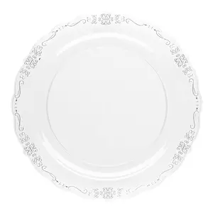 Clear with Silver Vintage Rim Round Disposable Plastic Dinner Plates (10")