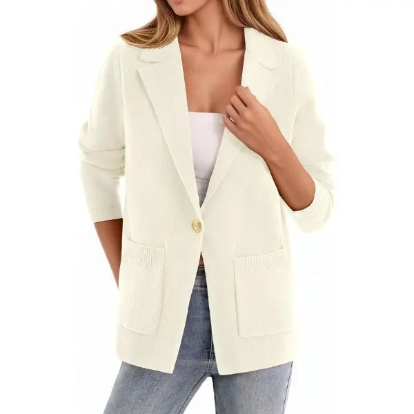 FISOEW Women's Casual Knit Sweater Blazer, Fitted Long Sleeve Open-Front Jacket with Pockets for Work Office, Chic, Style, Longsleeves, Corporate Attire Women, Slim Fit, Fabrics